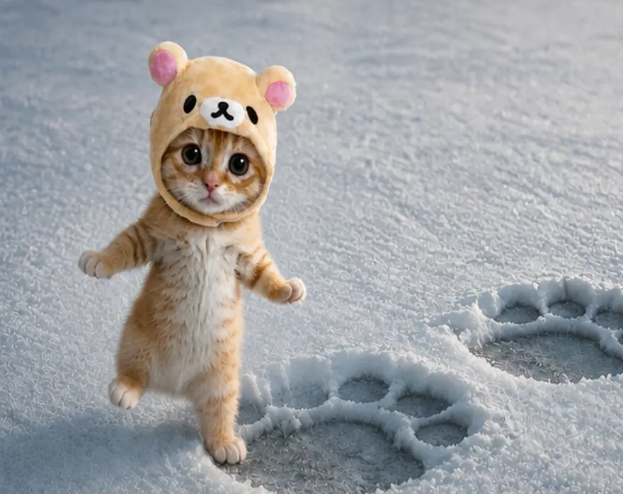 DENIABEAR walking in snow beside enormous bear paw prints, leaving much smaller prints of its own.